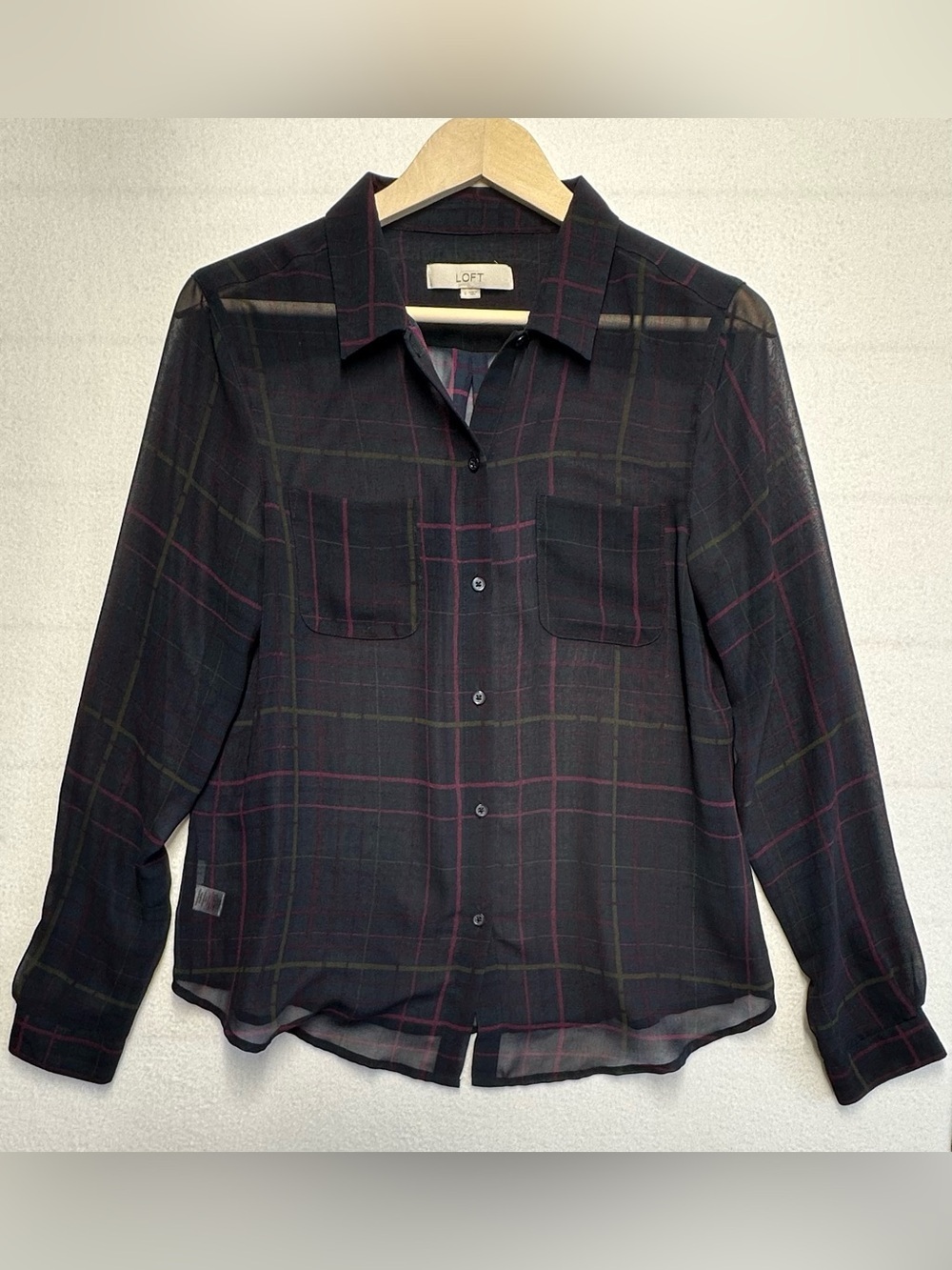 LOFT Sheer Plaid Button Front Blouse Women’s Small Navy Red Green